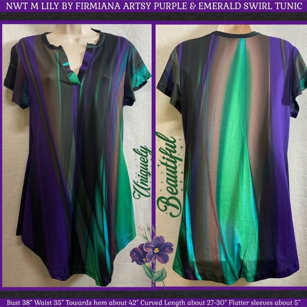 NWT M LILY BY FIRMIANA ARTSY & BEAUTIFUL PURPLE EMERALD SWIRL JEWEL TONES TUNIC